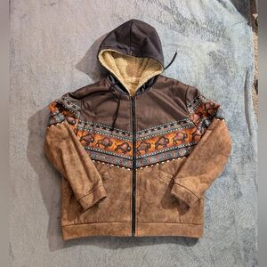 Retro Fleece Hooded Jacket Mens XL Multicolor Brown Animal Print Full Zip Casual